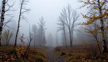 a forest path vanishes into dense fog just beyond a grove of birch trees. photo