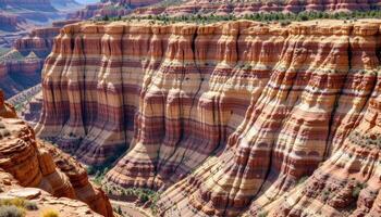 layers of sediment form colorful stripes across a vast, exposed canyon wall. photo