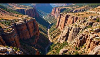 a deep gorge cuts through a highland plateau, revealing ancient rock strata. photo