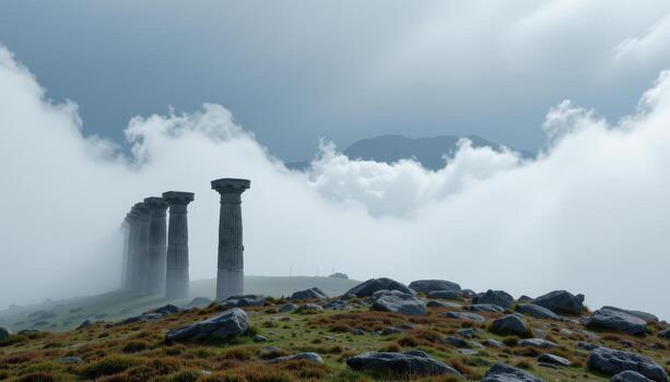fog curls around stone pillars on a high plateau, obscuring the horizon. photo