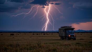 the sound of distant thunder rolls across an open savanna under a dark sky. photo