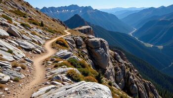 a mountain trail snakes along a razor thin ridge above a steep drop. photo