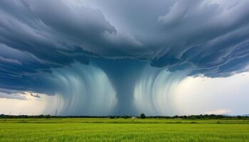 a thunderstorm forms quickly over a flat expanse of open grassland. photo