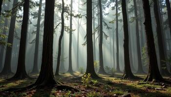 light fog swirls between the trunks of old trees in a forgotten forest. photo