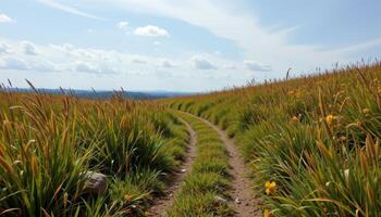 a faint trail winds through high meadow grasses under a silver sky. photo