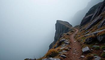 a steep trail disappears into thick fog on the edge of a cliff. photo