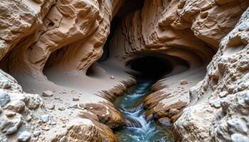 a trickle of water cuts through ancient stone in a dry, echoing cave. photo