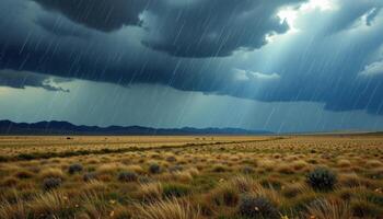 a sheet of rain sweeps across the open plains beneath a thunderous sky. photo