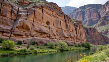 crumbling cliffs reveal layers of ancient sediment above a quiet river. photo
