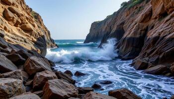 the sound of waves echoes between the walls of a rocky cove. photo