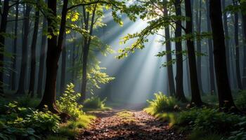 a forest path is lit by shafts of light breaking through the fog. photo