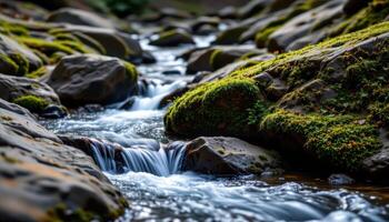 water trickles over moss covered rocks in a shaded ravine. photo