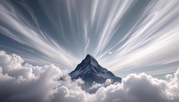 a solitary mountain peak rises sharply into a sky streaked with clouds. photo