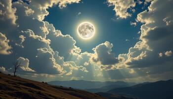 moonlight shines through a gap in the clouds onto an empty hillside. photo
