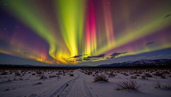 a flat expanse of tundra glows under a sky painted with northern lights. photo