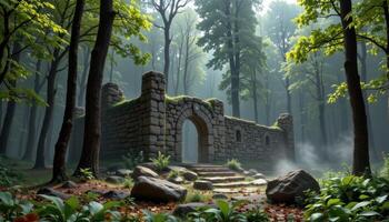 mist curls around the base of ancient stone ruins hidden in the forest. photo