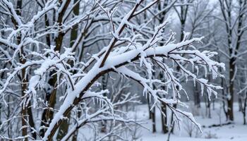 ice covers the branches of every tree in a silent winter grove. photo