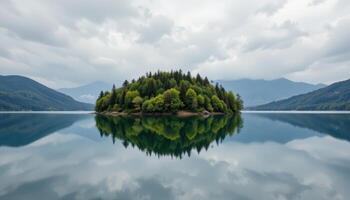 a forested island sits in still water, its reflection perfectly mirrored. photo