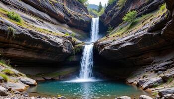 a hidden waterfall tumbles down layers of basalt rock into a secret pool. photo