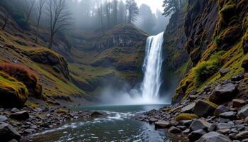 the sound of falling water echoes across a deep, mossy gorge. photo