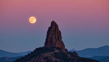 a lone rock tower stands silhouetted against the rising moon. photo