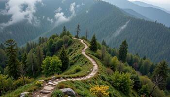 a network of narrow paths winds through a misty mountain forest. photo