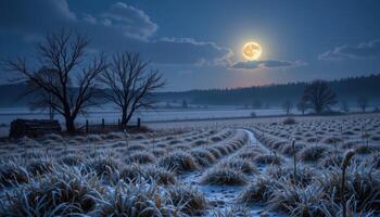 the moon casts a cold glow on frost covered grassland. photo