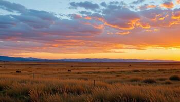the land glows in amber hues as dusk settles on a remote prairie. photo