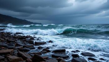 dark waves crash against the rocky shoreline beneath stormy skies. photo