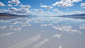 a salt flat reflecting the sky so perfectly it creates a seamless illusion of infinity. photo