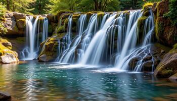 a series of cascading waterfalls tumbling down moss covered rocks into a tranquil pool. photo