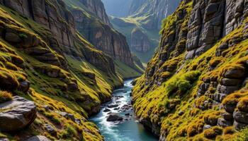 a moss covered canyon with a river gently winding through ancient stone walls. photo