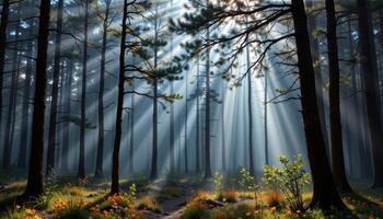 a dense pine forest with shafts of light breaking through the morning mist. photo