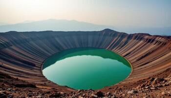 a volcanic crater filled with still, emerald green water under a hazy morning sky. photo