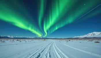 a wide tundra plain under a dancing aurora borealis. photo