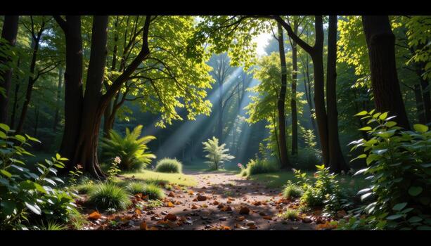 a sunlit glade in the heart of a dense forest, with leaves gently falling in the breeze. photo