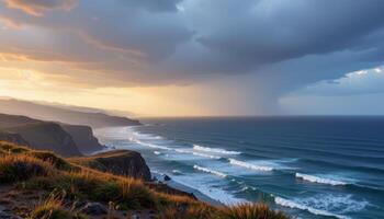a windswept cliffside overlooking an endless ocean under a sky streaked with lightning. photo