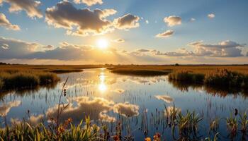 a wetland glowing with early morning light, reflecting distant clouds. photo