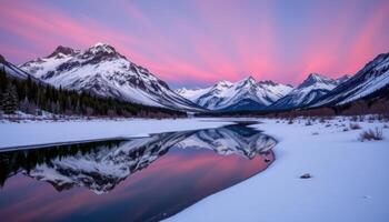 snow capped mountains reflecting off a frozen river beneath a violet hued sky. photo