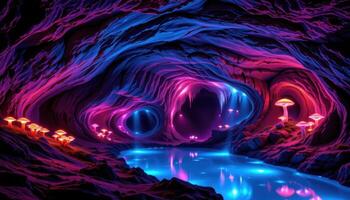 a glowing cave filled with bioluminescent fungi and still subterranean pools. photo