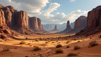 a windswept desert valley lined with ancient rock towers and drifting sand. photo
