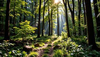 a sunlit grove where light and shadow dance across the forest floor. photo