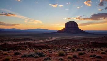 a solitary butte rising from a vast desert plateau under a fading sunset. photo
