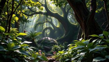 a hidden jungle glade with sunlight filtering through thick foliage. photo