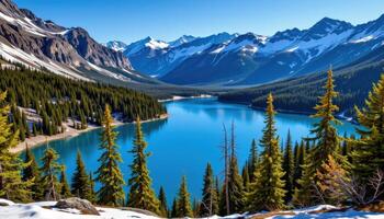 a deep blue alpine lake ringed with pine trees and snowcaps. photo
