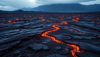 a volcanic plain with rivers of solidified lava forming strange patterns. photo