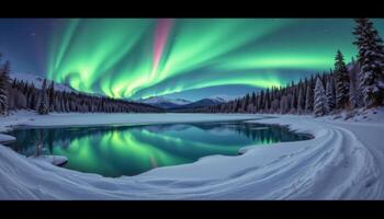 a frozen lake under the northern lights, surrounded by snowy forest. photo