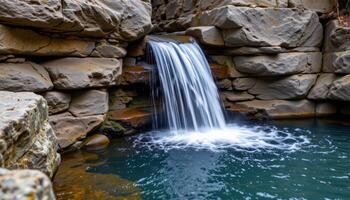 a spring fed river emerging from a rock wall into a deep pool. photo