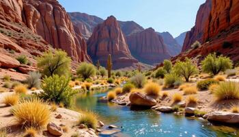 a desert oasis with rippling water and high sandstone cliffs. photo