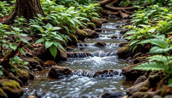 a gentle forest stream weaving through ferns and tree roots. photo